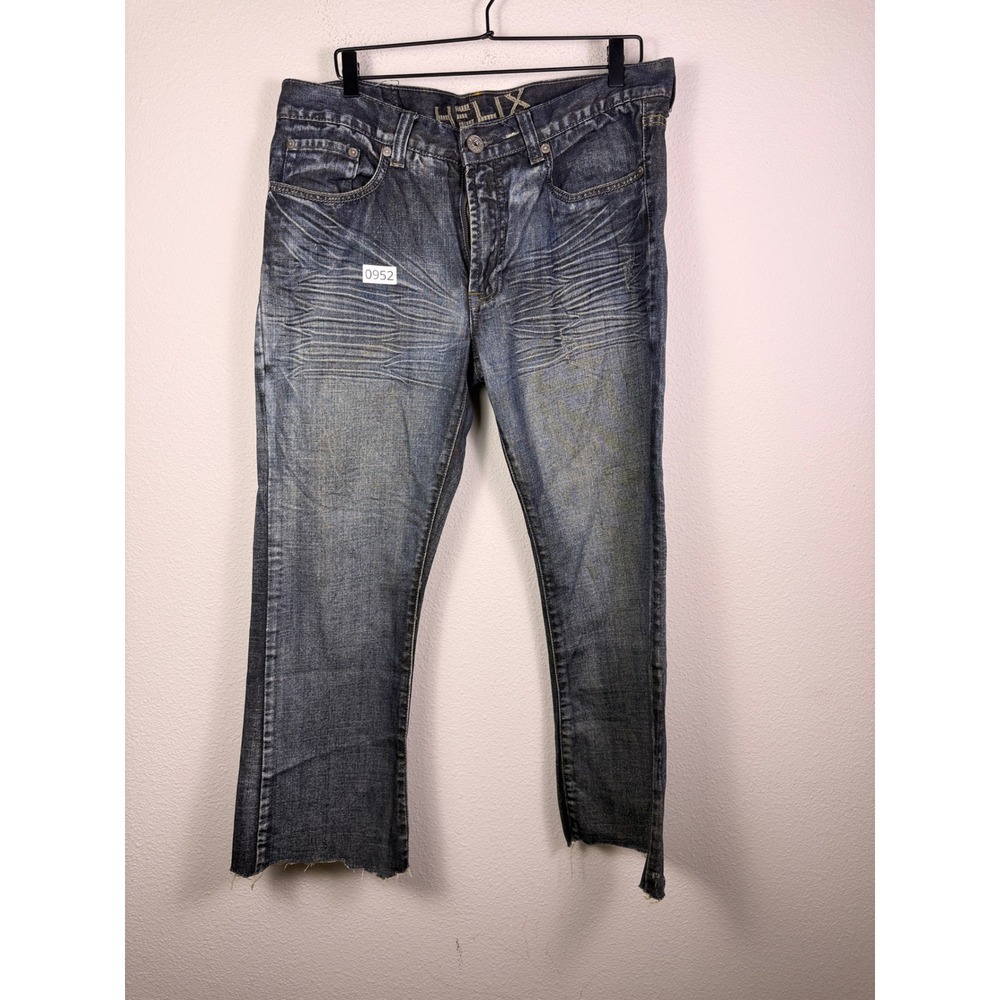 Helix Mens Slim Bootcut Jeans Dark Wash Distressed Raw Hem 34x30